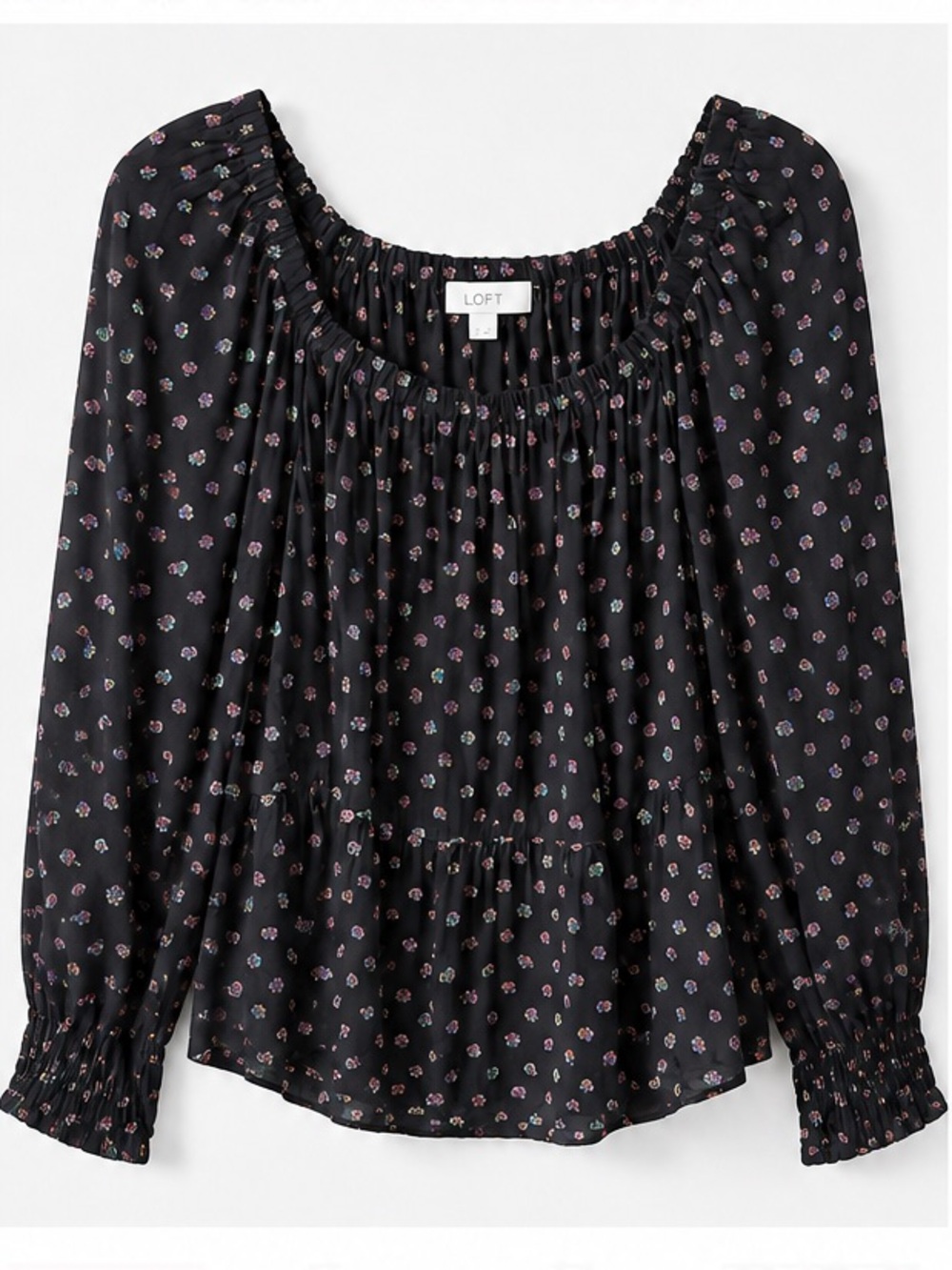 LOFT Black Floral Smocked Peasant Blouse